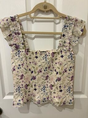 EXPRESS Floral Smocked Sleeveless Ruffle Top